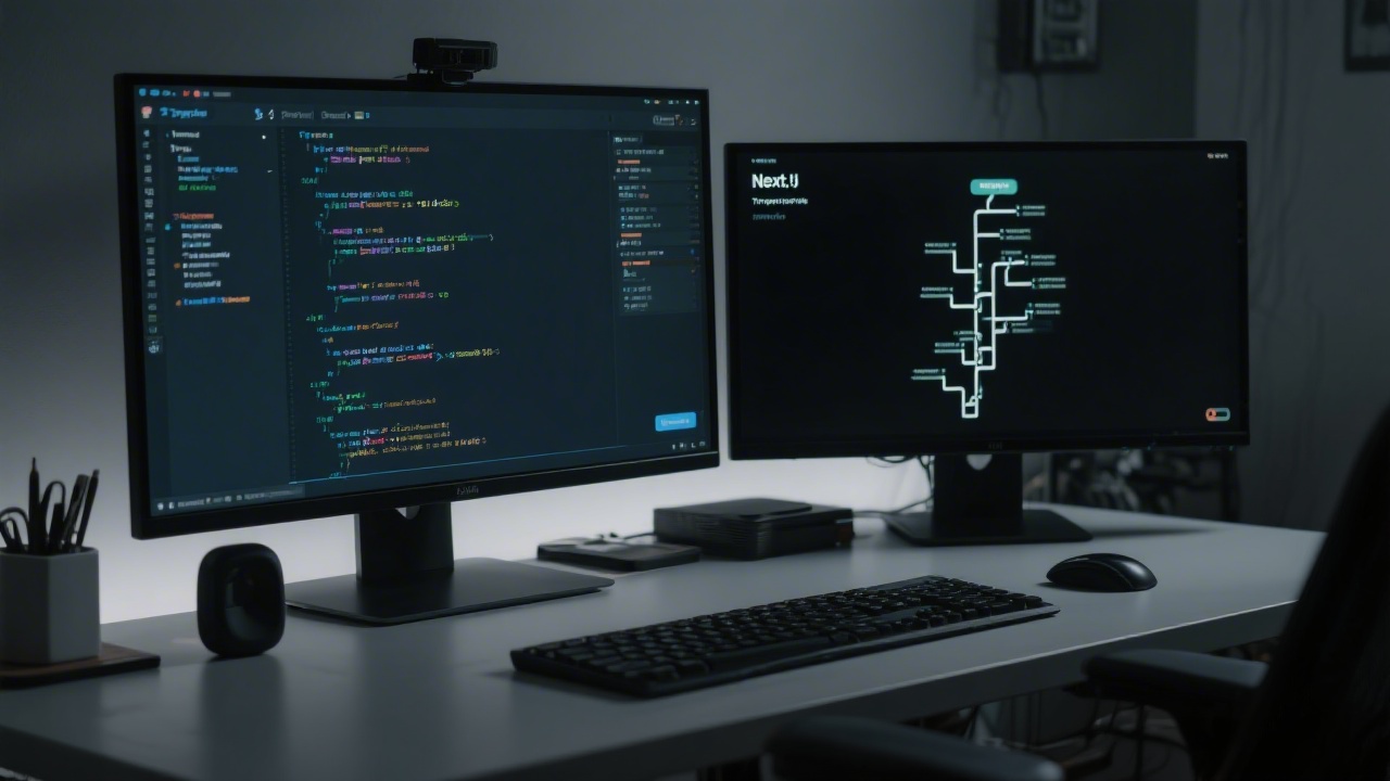 Developer desk with a code editor showing TypeScript interfaces, a second screen with Next.js routing tree, minimalist desk accessories and dark theme.