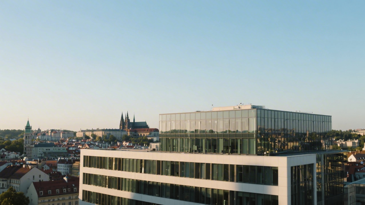 City view of Prague with a modern office building in the foreground, clear sky, soft light, business district atmosphere.