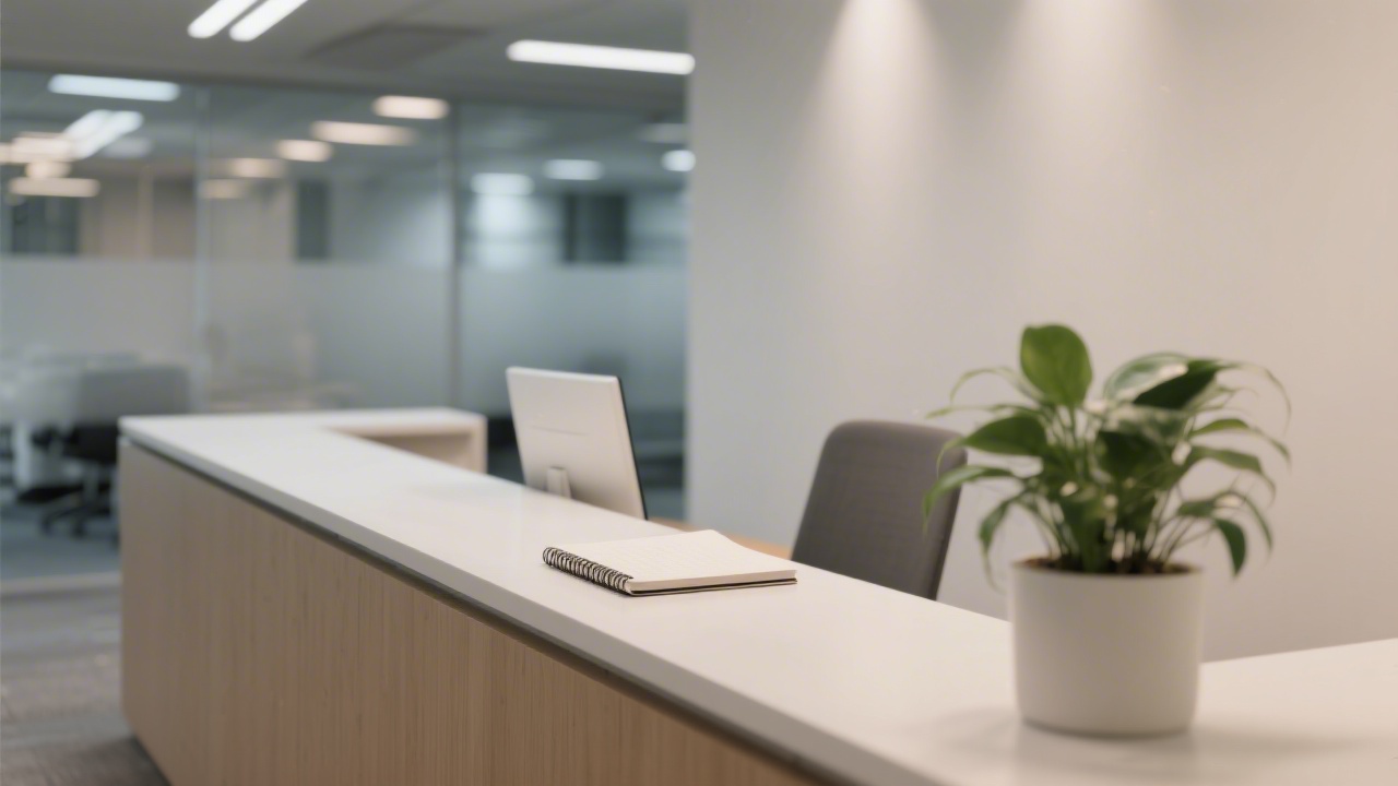 Modern office reception with a minimal desk, a notebook and a plant, neutral lighting, clean professional environment, no people visible.