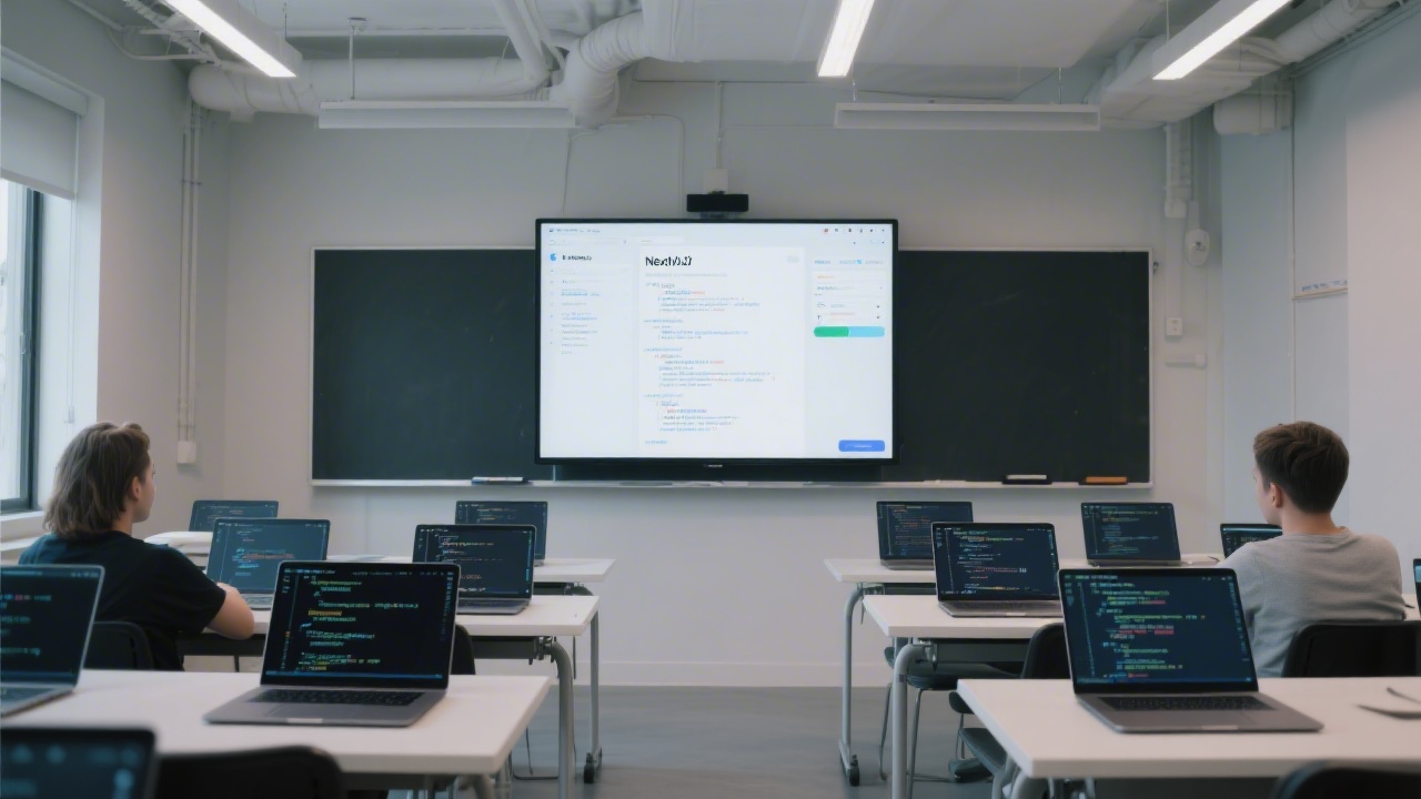Modern classroom with laptops showing code editor, a simple Next.js dashboard on large screen, clean workspace, minimal lighting, focus on learning and practical development.