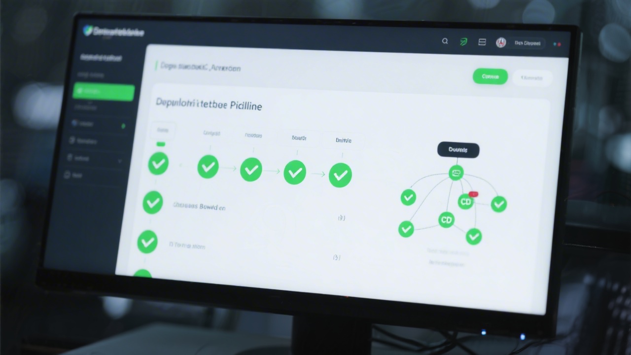Close-up of a deployment pipeline interface on a monitor, showing successful build steps, green checks and a simple diagram of CDN distribution.