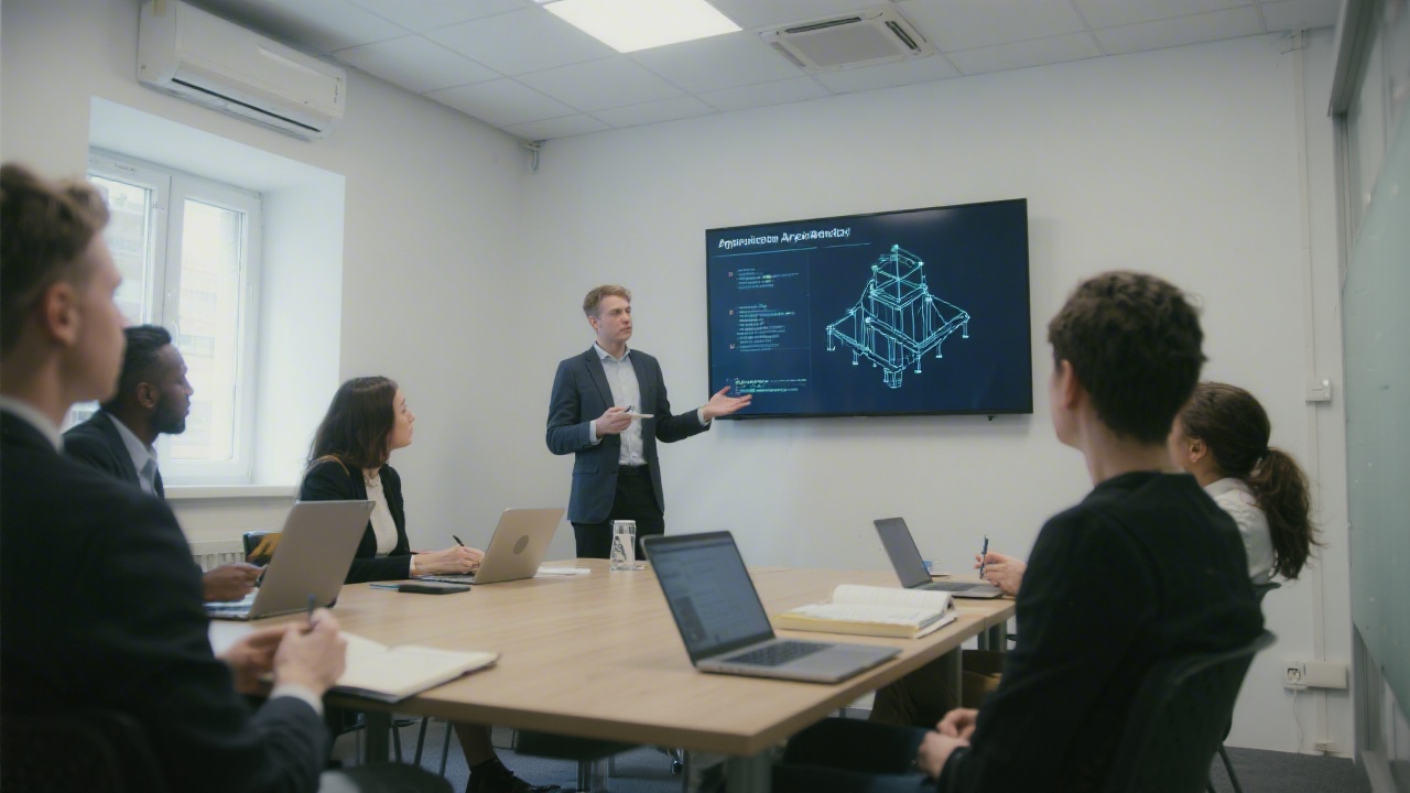 Small workshop room with a presenter explaining application architecture on a screen, participants with notebooks and laptops, calm professional learning atmosphere.