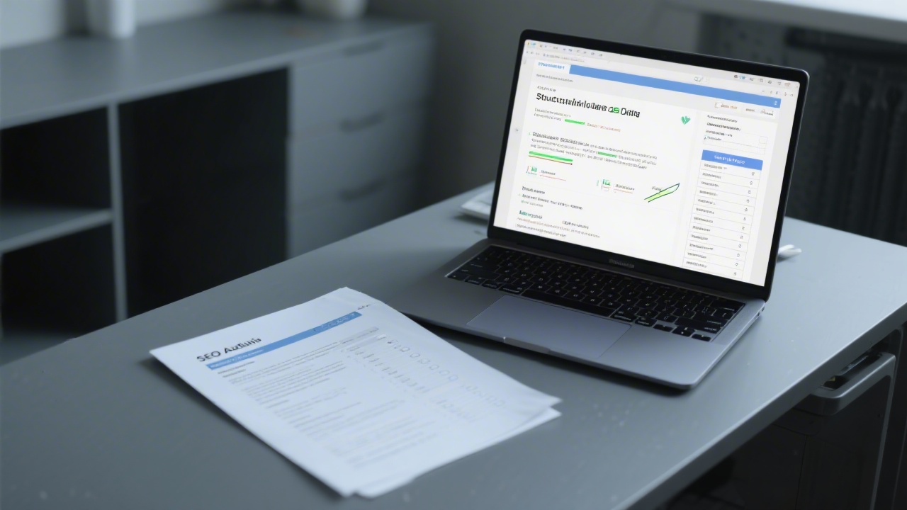 SEO audit report printed on desk with a laptop showing structured data snippet, annotations and performance checklist, minimal lighting.
