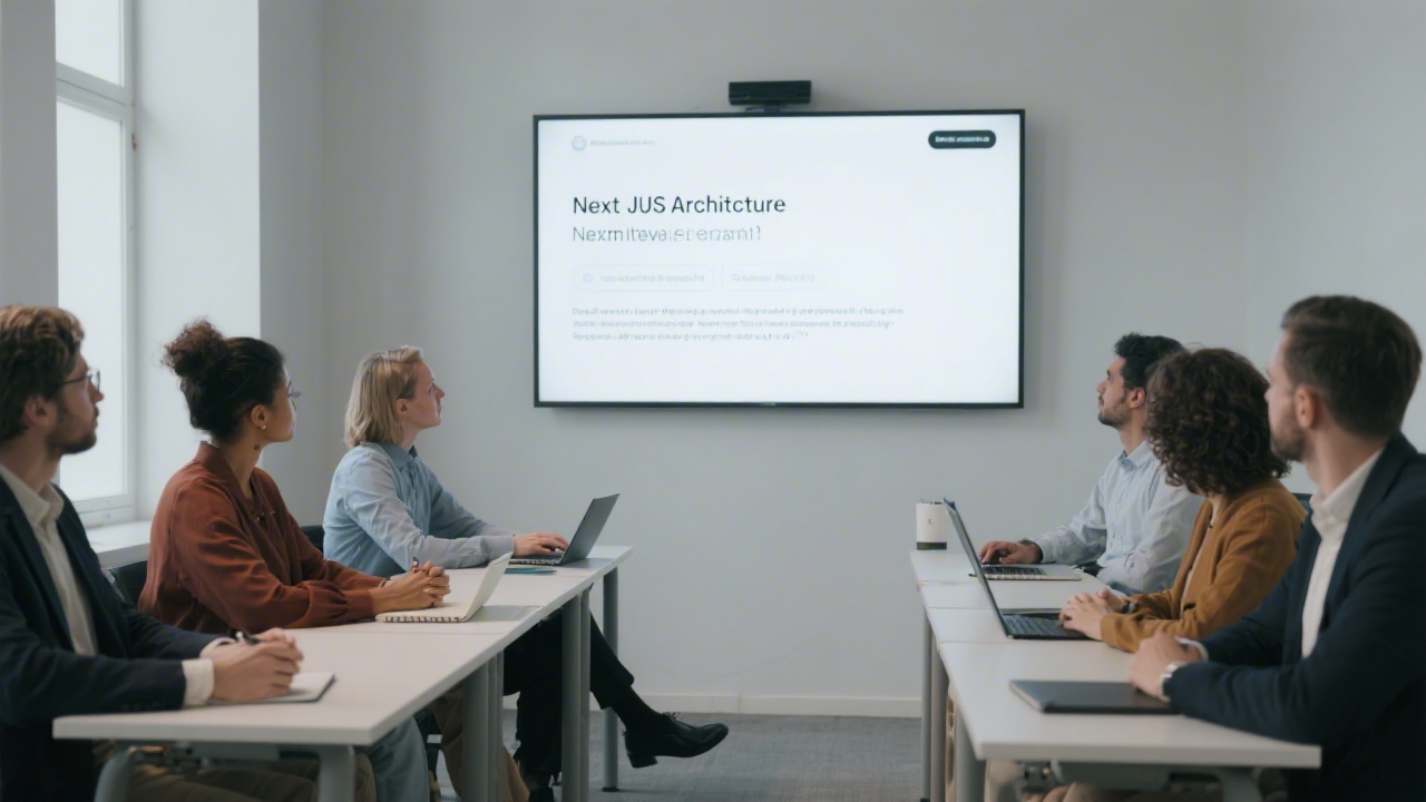 Group of professionals listening to a presentation, diverse ages, notebooks on desks, large screen showing a clean slide about Next.js architecture.