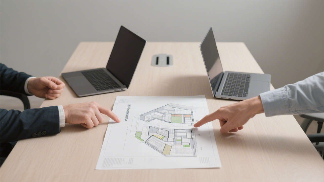 Consultation table with printed architecture diagram, two laptops open on a shared project repository, hands pointing to a diagram, neutral background.